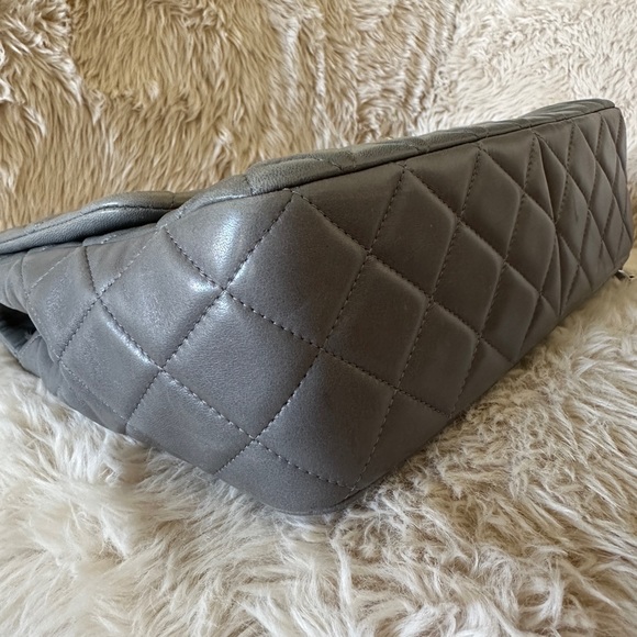 Authentic Chanel Classic Jumbo Single Flap Bag in Grey Lambskin Silver Hardware - Picture 11 of 12